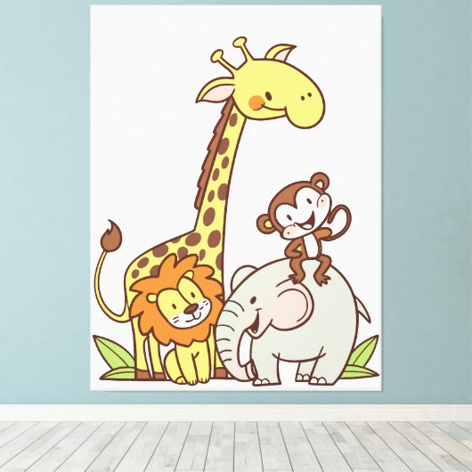 Schattigee Cartoons – Giraffe, leeuw en aap Canvas Afdruk (Insitu (Houten vloer))