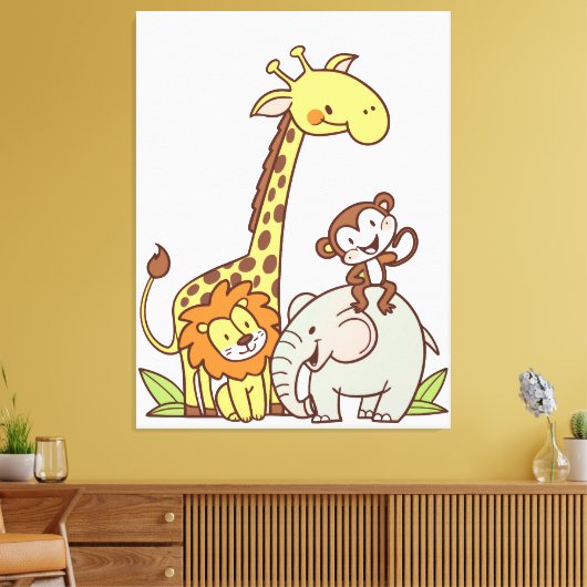 Schattigee Cartoons – Giraffe, leeuw en aap Canvas Afdruk (Insitu (Woonkamer))