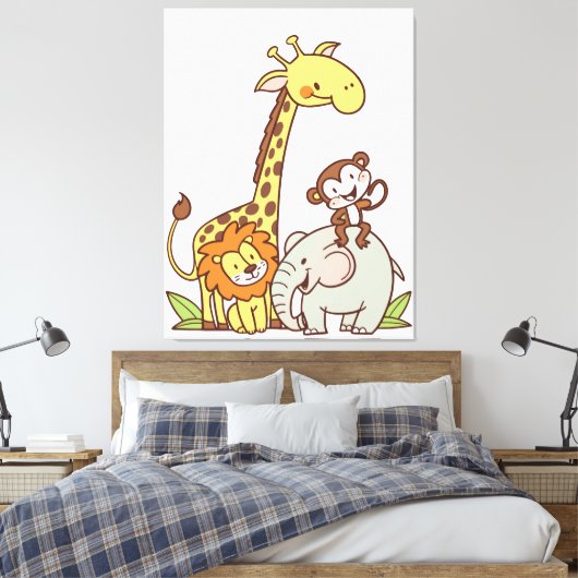 Schattigee Cartoons – Giraffe, leeuw en aap Canvas Afdruk (Insitu (Slaapkamer))
