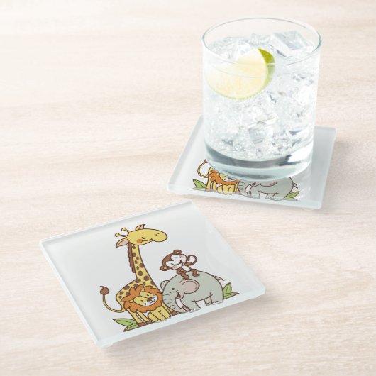 Schattigee Cartoons – Giraffe, leeuw en aap Glazen Onderzetter (Schuin)
