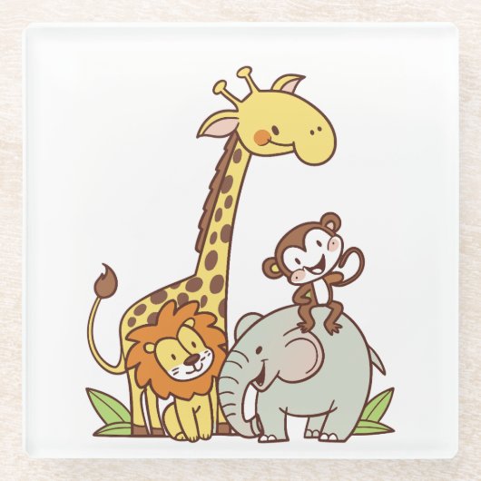 Schattigee Cartoons – Giraffe, leeuw en aap Glazen Onderzetter (Voorkant)