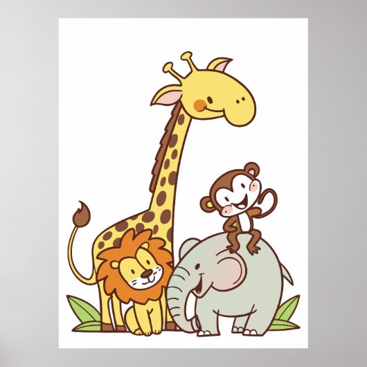 Schattigee Cartoons – Giraffe, leeuw en aap Poster (Voorkant)