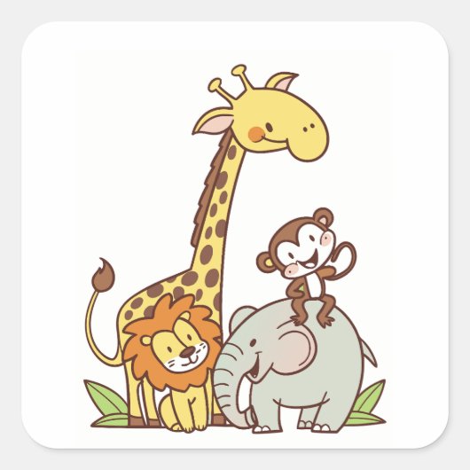Schattigee Cartoons – Giraffe, leeuw en aap Vierkante Sticker (Voorkant)