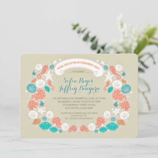 Schattigee casual strand verlovingsfeest uitnodigi kaart (Staand voorkant)