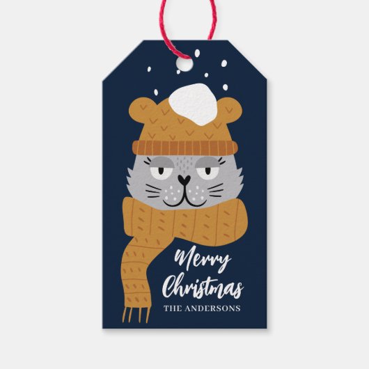 Schattigee Cat Blue Kerstnaam Cadeaulabel (Voorkant)