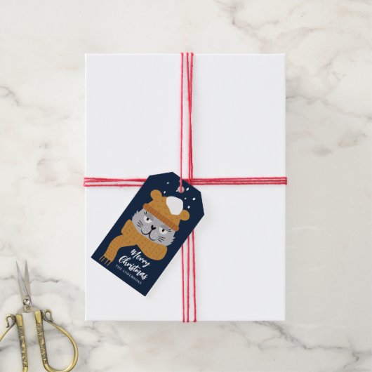 Schattigee Cat Blue Kerstnaam Cadeaulabel (Met Touw)