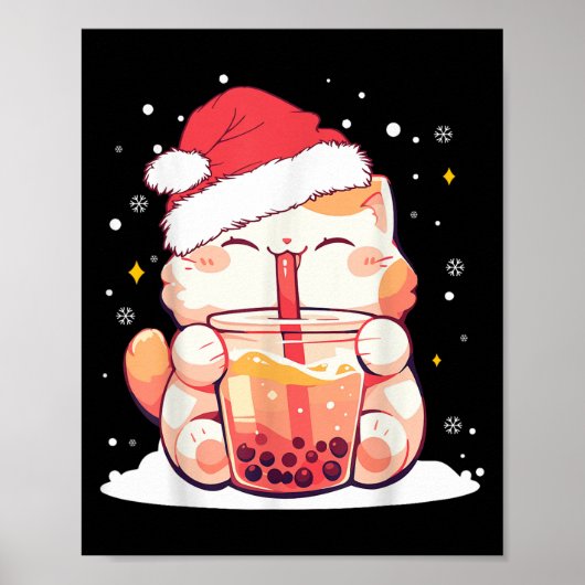 Schattigee Cat Boba Milk Bubble Tea Kerstman Hoed Poster (Voorkant)