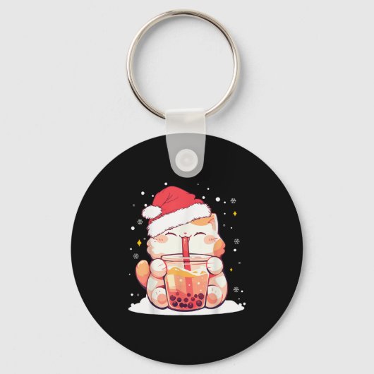 Schattigee Cat Boba Milk Bubble Tea Kerstman Hoed Sleutelhanger (Voorkant)