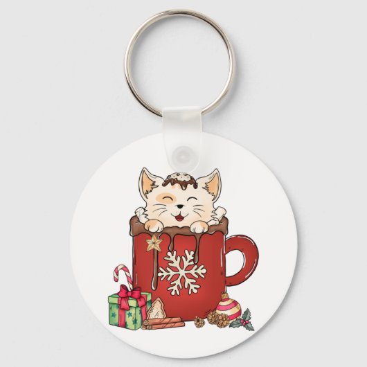 Schattigee Cat Christmas Chocolate Coffee Sleutelhanger (Voorkant)