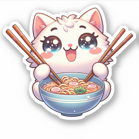 Schattigee Cat Eating Ramen Custom-Cut Vinyl Stick Sticker (Voorkant)