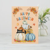 Schattigee Cat en Retro pompoenen Happy Halloween  Feestdagenkaart (Staand voorkant)
