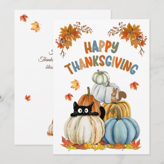 Schattigee Cat en Retro Pompoenen Happy Thanksgivi Feestdagenkaart (Voorkant / Achterkant)