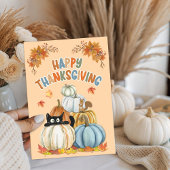 Schattigee Cat en Retro Pompoenen Happy Thanksgivi Feestdagenkaart