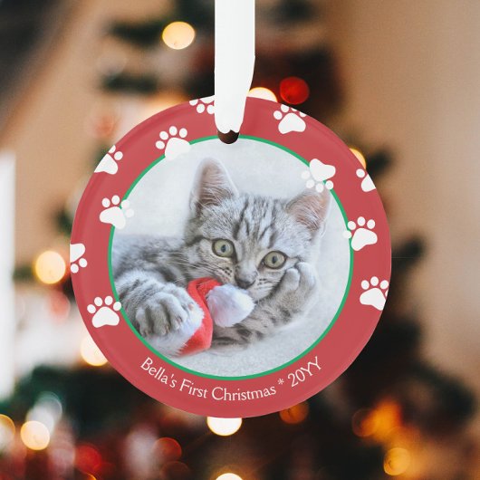 Schattigee Cat First Christmas Paw prints Rood Gro Ornament
