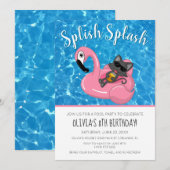 Schattigee Cat Flamingo Kinder Pool Party Verjaard Kaart (Voorkant / Achterkant)