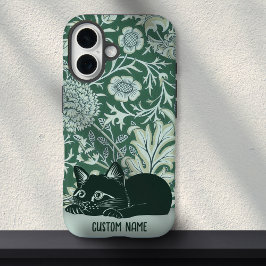 Schattigee Cat Floral Art Nouveau Green Custom Nam iPhone 16 Hoesje