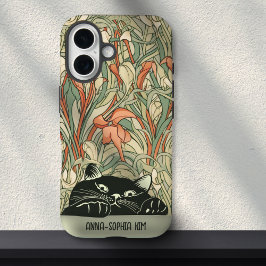 Schattigee Cat Floral Art Nouveau Groen Rood Custo iPhone 16 Hoesje