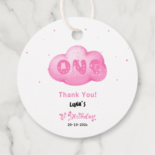 Schattigee Cat Font Waterverf Roze Cloud 1e Verjaa Bedankjes Labels (Achterkant)