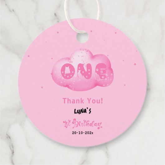 Schattigee Cat Font Waterverf Roze Cloud 1e Verjaa Bedankjes Labels (Achterkant)