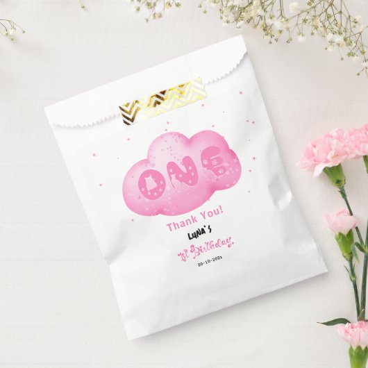 Schattigee Cat Font Waterverf Roze Cloud 1e Verjaa Bedankzakje (Gezegeld)