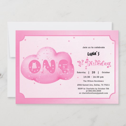 Schattigee Cat Font Waterverf Roze Cloud 1e Verjaa Kaart (Voorkant)