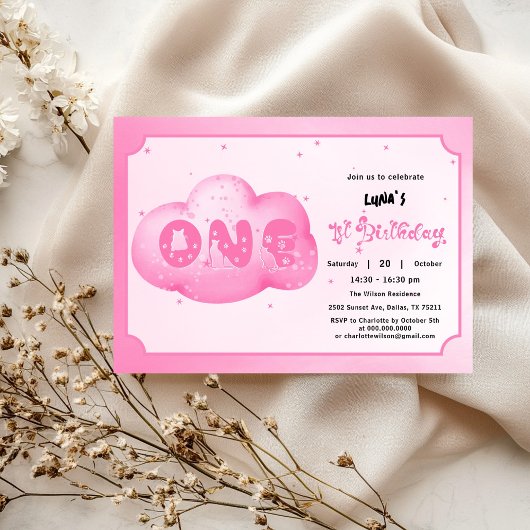 Schattigee Cat Font Waterverf Roze Cloud 1e Verjaa Kaart