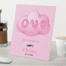 Schattigee Cat Font Waterverf Roze Cloud 1e Verjaa Reclamebord Met Voetstuk