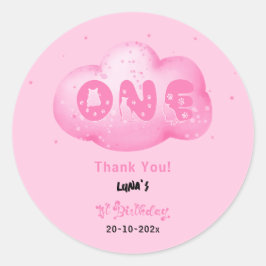 Schattigee Cat Font Waterverf Roze Cloud 1e Verjaa Ronde Sticker