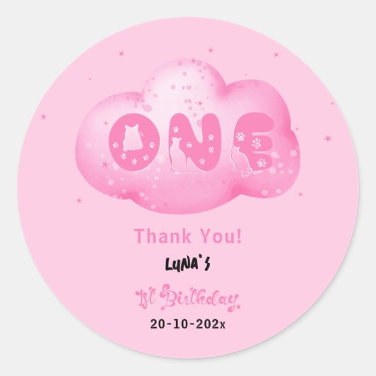 Schattigee Cat Font Waterverf Roze Cloud 1e Verjaa Ronde Sticker (Voorkant)