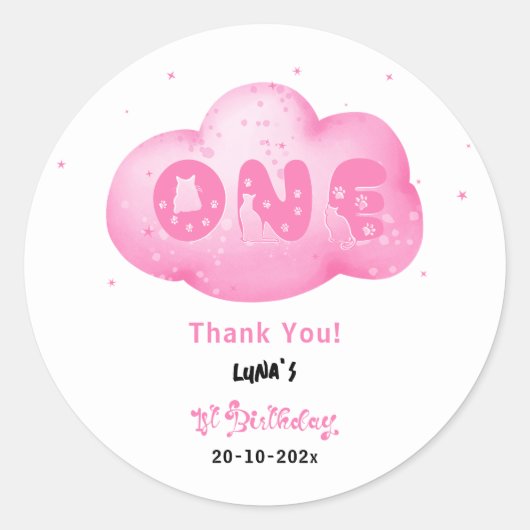 Schattigee Cat Font Waterverf Roze Cloud 1e Verjaa Ronde Sticker (Voorkant)
