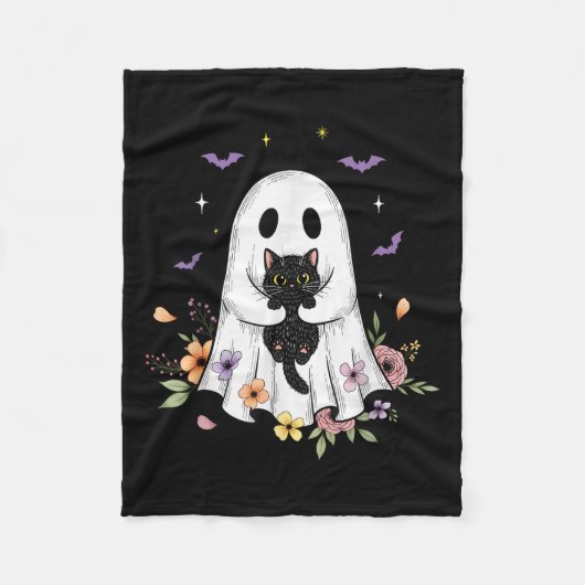 Schattigee Cat Ghost Flowers Spooky Halloween Vibe Fleece Deken (Voorkant)