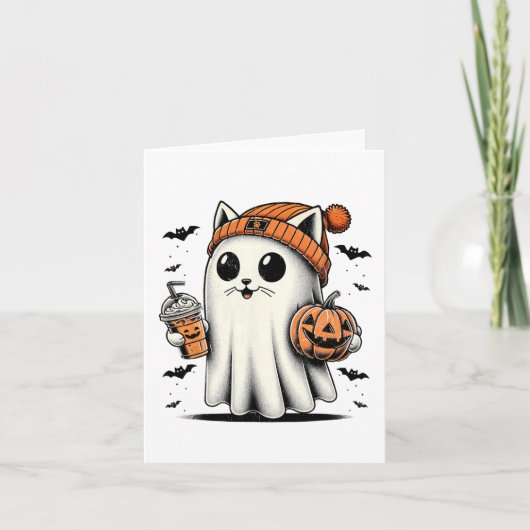 Schattigee Cat Ghost Iced Coffee Funny Ghost Hallo Kaart (Voorkant)