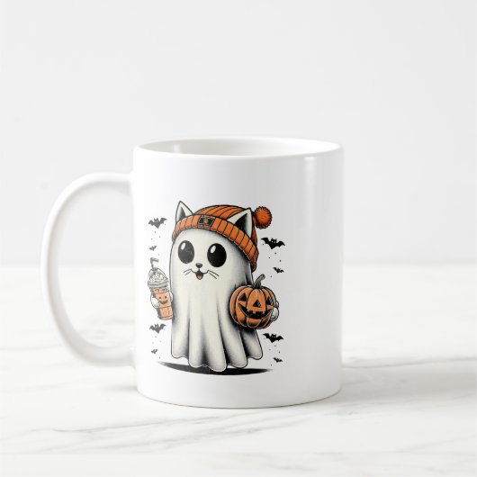 Schattigee Cat Ghost Iced Coffee Funny Ghost Hallo Koffiemok (Links)