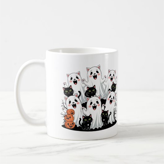 Schattigee Cat-Ghost & Pumpkin Halloween Mok (Links)