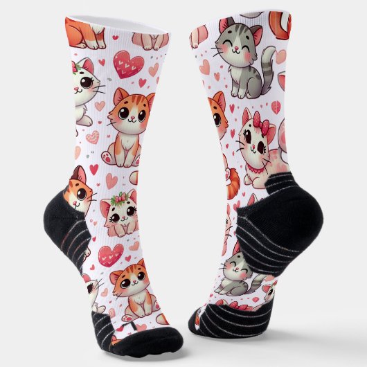 Schattigee Cat & Hearts Patroon Sokken – Roze & Ro (Gebogen)