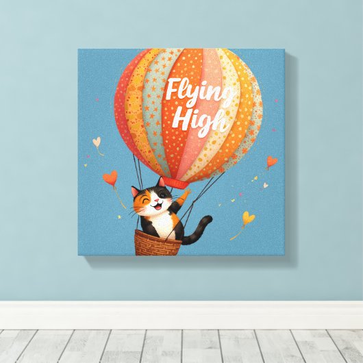Schattigee Cat Hete Luchtballon Whimsical Art Canvas Afdruk (Insitu (Houten vloer))