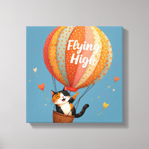 Schattigee Cat Hete Luchtballon Whimsical Art Canvas Afdruk