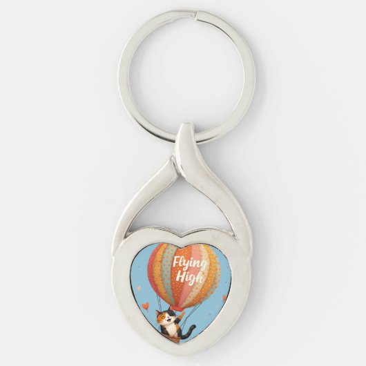 Schattigee Cat Hete Luchtballon Whimsical Art Sleutelhanger (Voorkant)