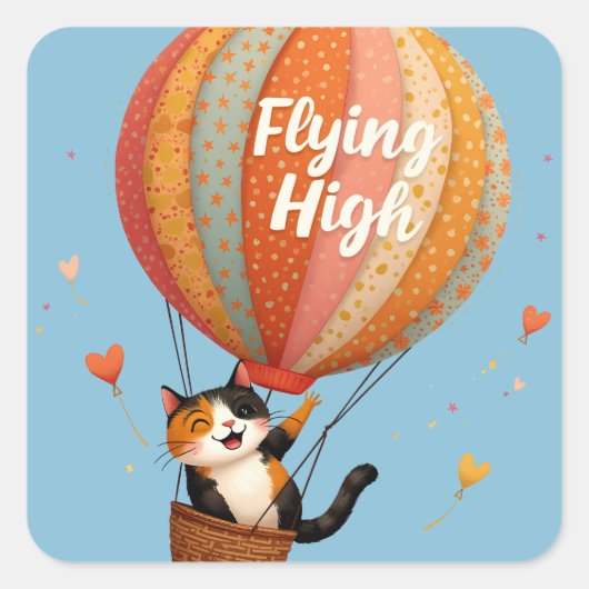 Schattigee Cat Hete Luchtballon Whimsical Art Vierkante Sticker (Voorkant)