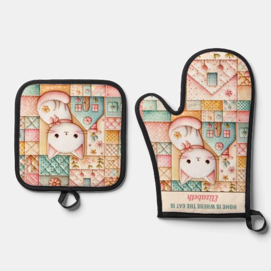 Schattigee Cat Home Patchwork Cozy Pastel Custom N Ovenwant & Pannenlap Set (Voorkant)
