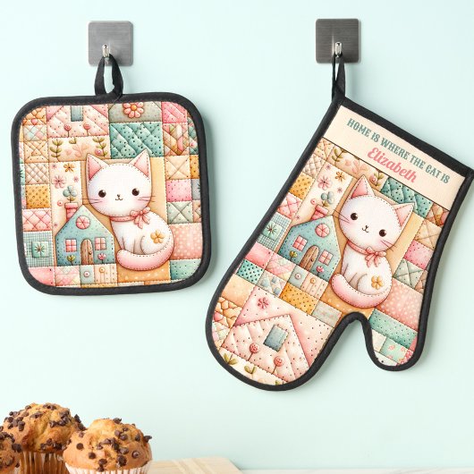 Schattigee Cat Home Patchwork Cozy Pastel Custom N Ovenwant & Pannenlap Set