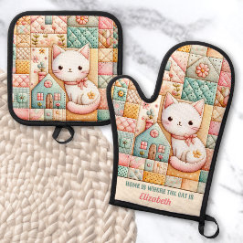 Schattigee Cat House Quilt Patchwork Pastel Custom Ovenwant & Pannenlap Set