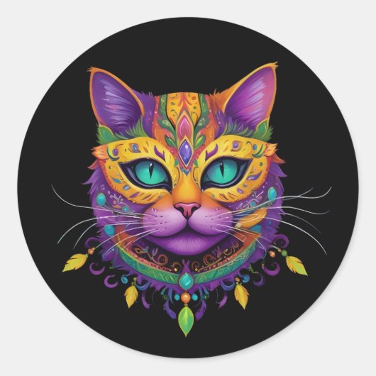 Schattigee Cat Mardi Gras Carnaval Cat Lover Ronde Sticker (Voorkant)