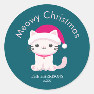 Schattigee Cat Meowy Christmas Green Ronde Sticker