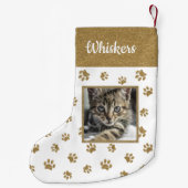 Schattigee Cat Naam Foto Gouden Glitter Paw Prints Kleine Kerstsok (Achterkant)