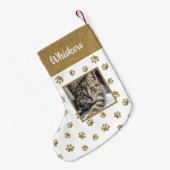 Schattigee Cat Naam Foto Gouden Glitter Paw Prints Kleine Kerstsok (Achterkant (Hangend))