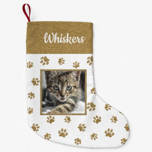 Schattigee Cat Naam Foto Gouden Glitter Paw Prints Kleine Kerstsok