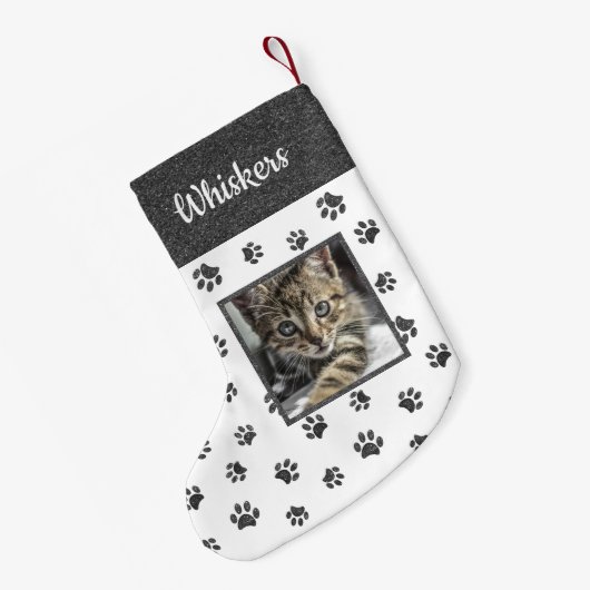 Schattigee Cat Naam Foto Zilveren Glitter Paw Prin Kleine Kerstsok (Achterkant (Hangend))