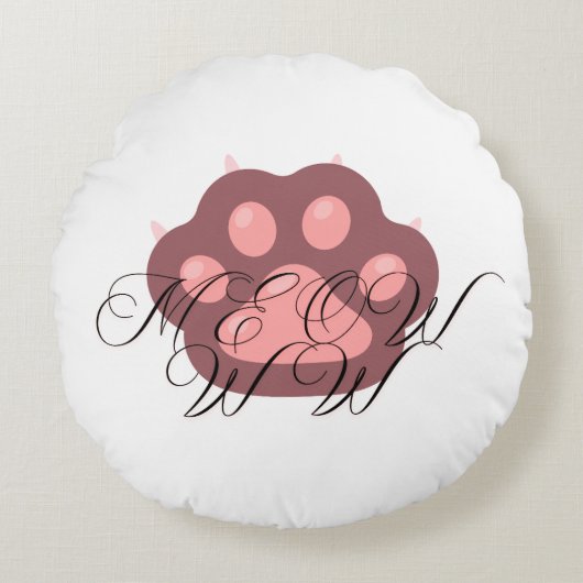 Schattigee Cat Paw "MEOW" Kalligrafie - Schattig K Rond Kussen (Voorkant)