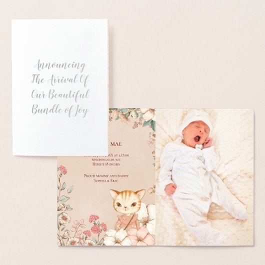 Schattigee Cat Photo Girl Geboorteaankondiging Folie Kaarten (Display)